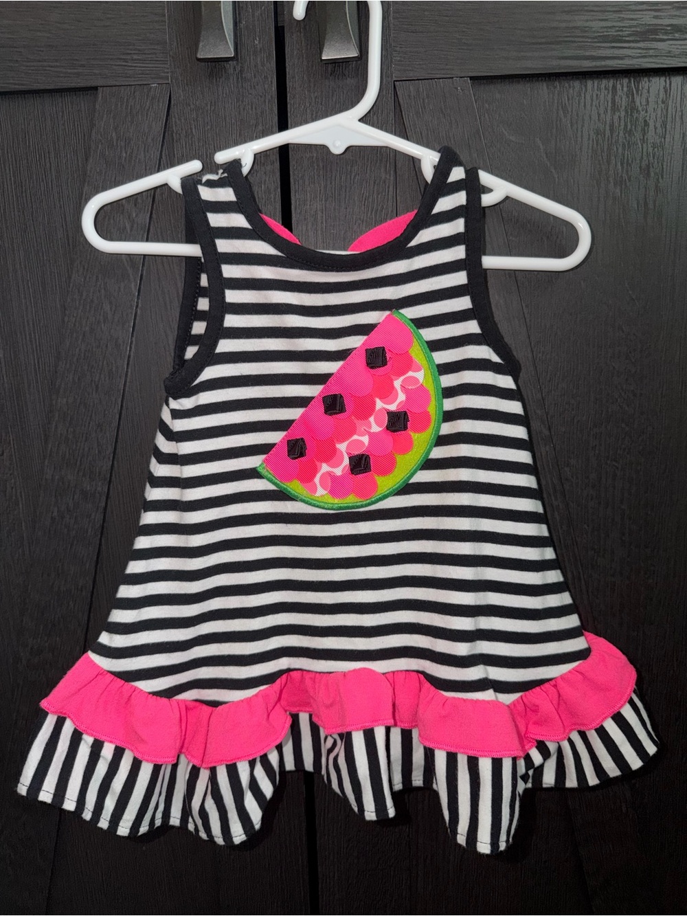 Rare Editions Black & White Striped Tank with Pink Watermelon Applique